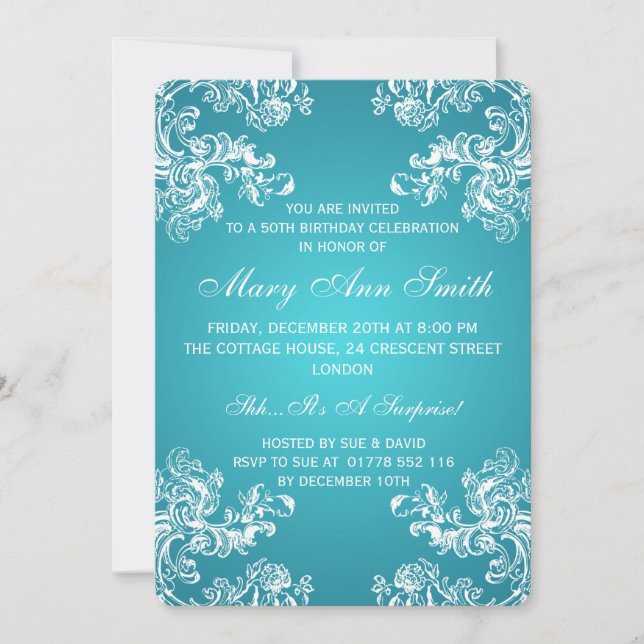 50th Birthday Party Vintage Swirls 2 Turquoise Invitation (Front)