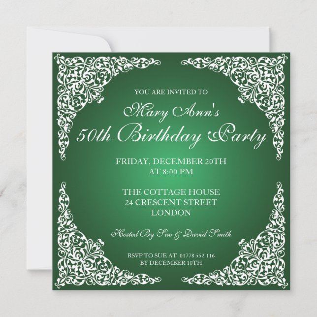 50th Birthday Party Vintage Swirls Emerald Green Invitation (Front)