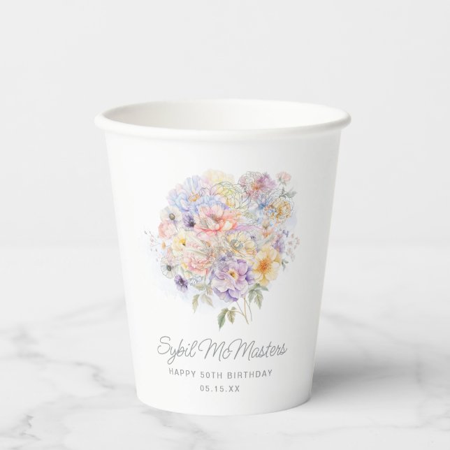 50th Birthday Party Watercolor Floral Custom Paper Cups (Front)