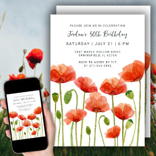50th Birthday Party Watercolor Floral Poppies Invitation