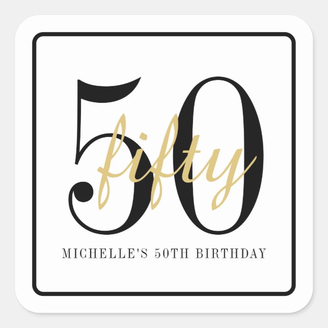 50th Birthday Party White Black Chic Favour Sticke Square Sticker (Front)