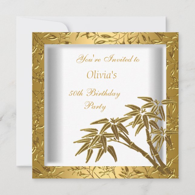 50th Birthday Party White Gold Bamboo Floral Asian Invitation (Front)