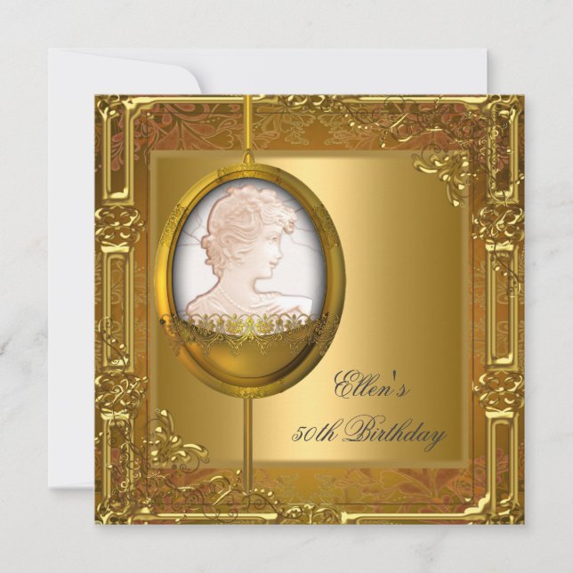 50th Birthday Party White Gold Cameo Jewel Invitation (Front)