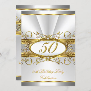 50th Birthday Party White Gold Floral Silver Invitation
