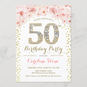 50th Birthday Party - White Gold Pink Invitation