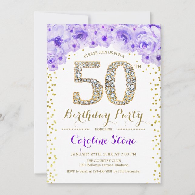 50th Birthday Party - White Gold Purple Invitation (Front)