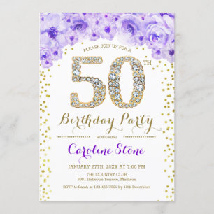 50th Birthday Party - White Gold Purple Invitation