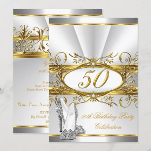 50th Birthday Party White Gold Silver Heels Invitation