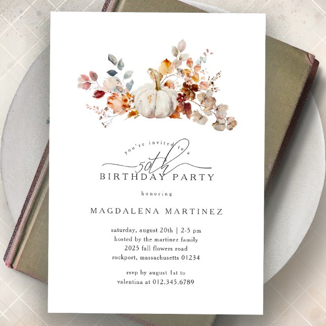 50th Birthday Party White Pumpkin Fall Flowers  Invitation (Creator Uploaded)