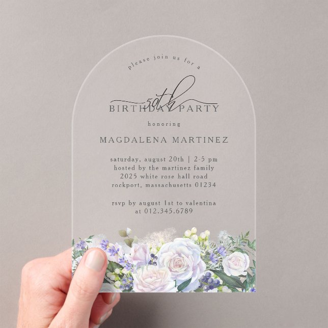 50th Birthday Party White Rose Blue Floral Arch Acrylic Invitations (Insitu (Handheld))