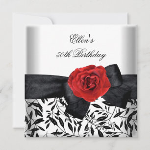 50th Birthday Party White Silver Flower Black Bow Invitation
