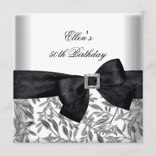 50th Birthday Party White Silver Jewel Black Bow Invitation