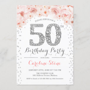 50th Birthday Party - White Silver Pink Invitation