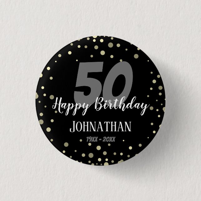 50th Birthday Party with Confetti Black 3 Cm Round Badge (Front)