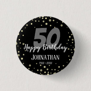 50th Birthday Party with Confetti Black 3 Cm Round Badge