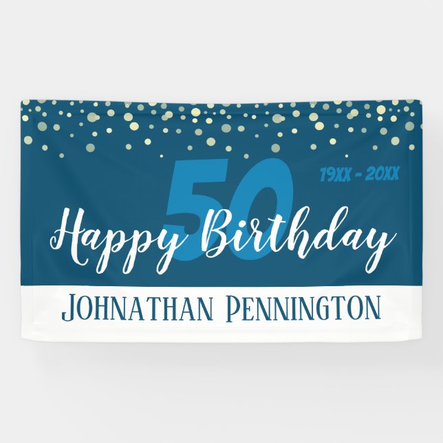 50th Birthday Party with Confetti Blue Banner (Horizontal)