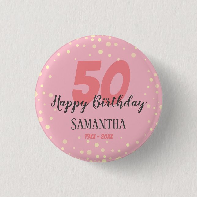 50th Birthday Party with Confetti Pink 3 Cm Round Badge (Front)
