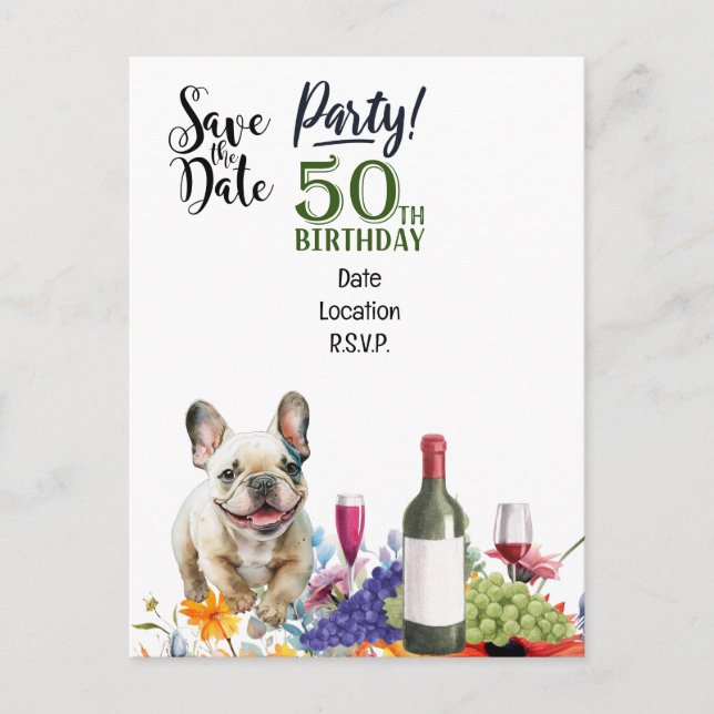 50th Birthday Party with French bulldog Postcard (Front)