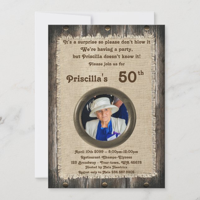 50th,Birthday Party woman, any age,wood,rustic Invitation (Front)