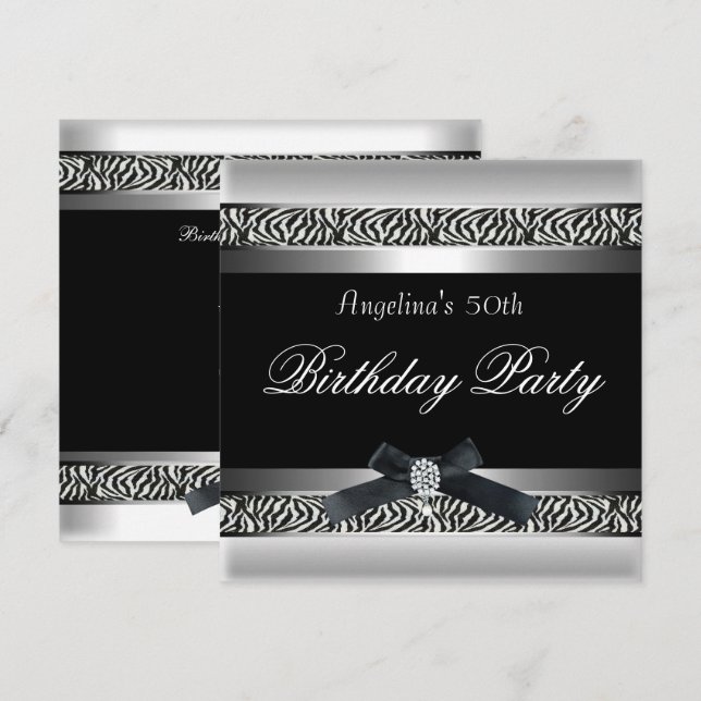 50th Birthday Party Zebra Black White Diamond Invitation (Front/Back)