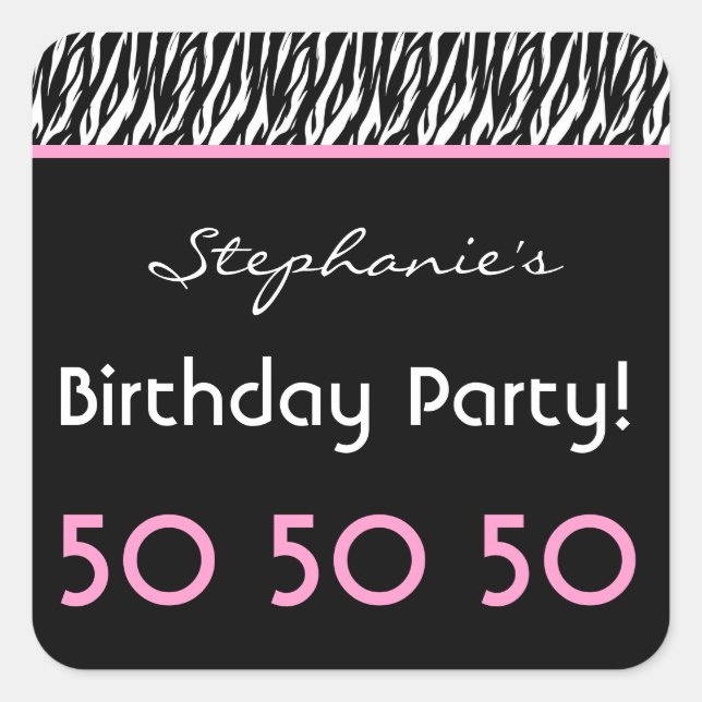 50th Birthday Party Zebra with Pink Custom Name V3 Square Sticker (Front)