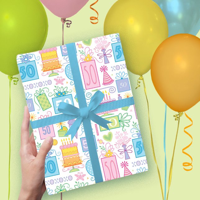 50th Birthday Pastel Pink Cake Presents Balloons Wrapping Paper Sheet (Creator Uploaded)