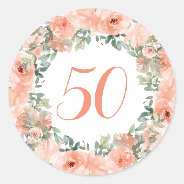 50th Birthday Peach Floral Classic Round Sticker (Front)