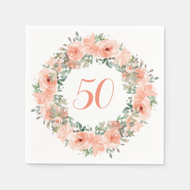 50th Birthday Peach Floral Watercolor Napkin (Front)