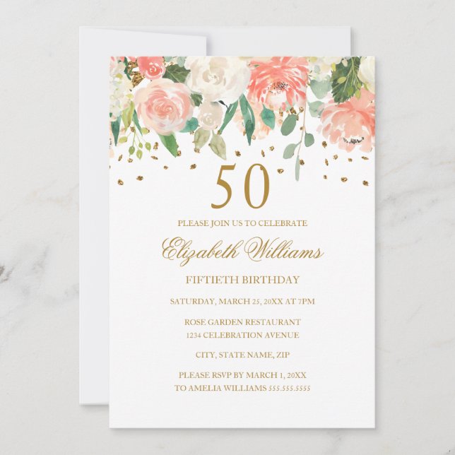 50th Birthday Peach Gold Floral Invitation (Front)
