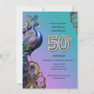50th Birthday, peacock Invitation
