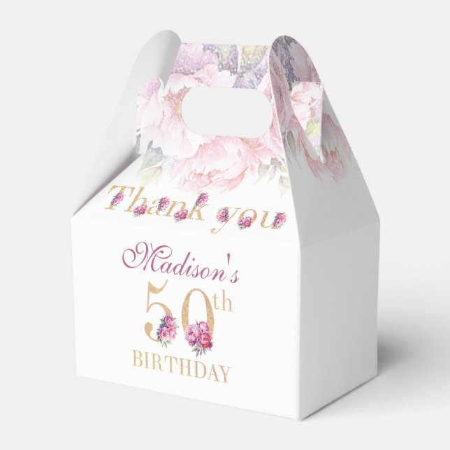 50th Birthday Peonies Pink Gold Glitter Custom Favour Box (Front Side)