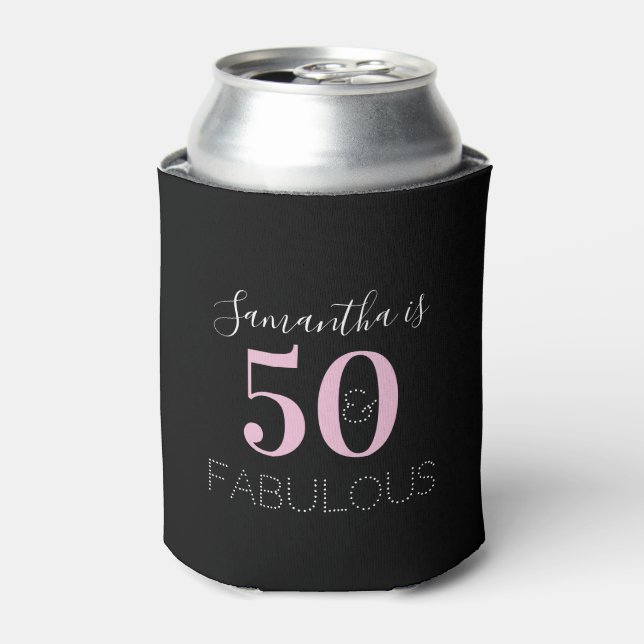 50th Birthday Personalised Black Pink Can Cooler (Can Front)