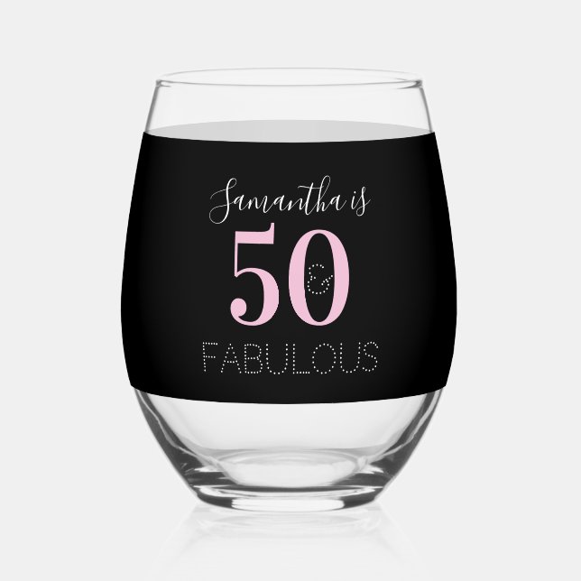 50th Birthday Personalised Black Pink Stemless Wine Glass (Front)