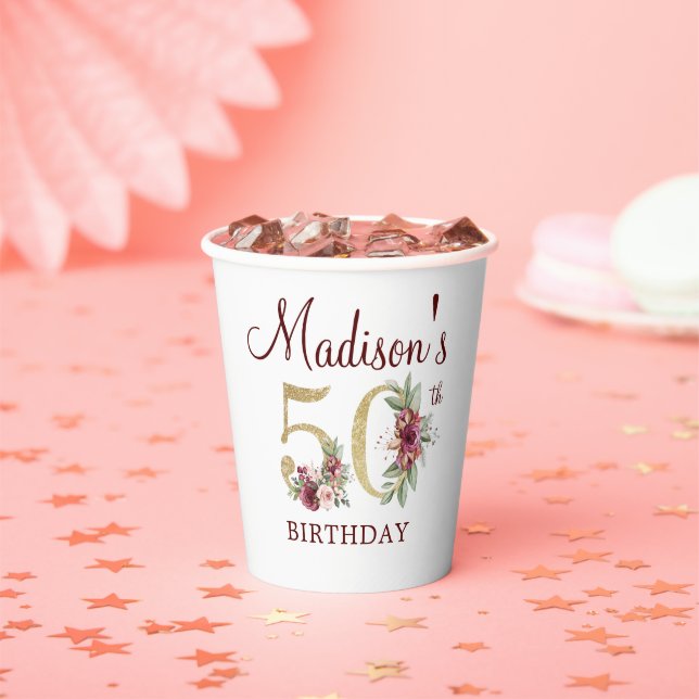 50th Birthday Personalised Burgundy Gold Floral Paper Cups (Insitu)