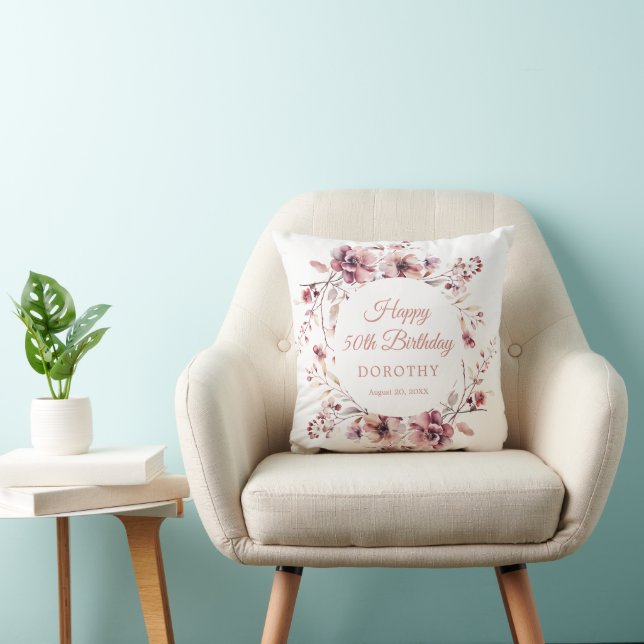 50th Birthday Personalised Burgundy Pink Floral Cushion (Chair)