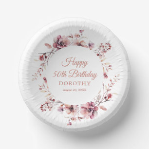 50th Birthday Personalised Burgundy Pink Floral Paper Plate