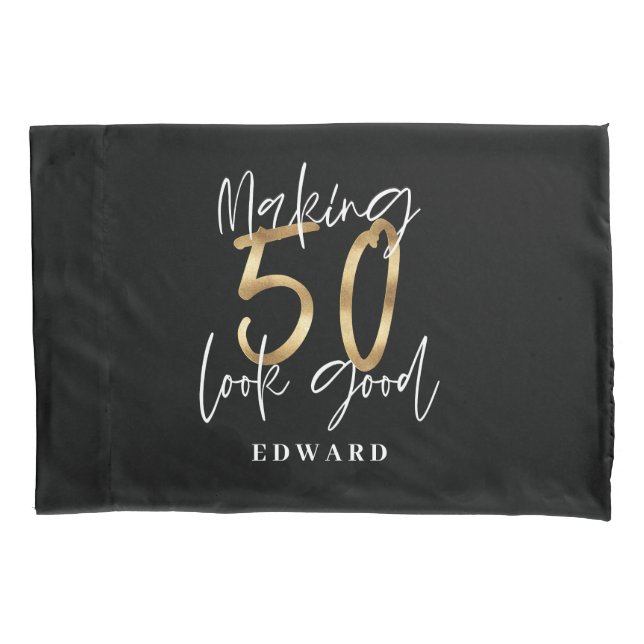 50th birthday personalised favour gift black gold pillowcase (Front)
