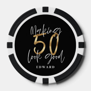50th birthday personalised favour gift black gold poker chips