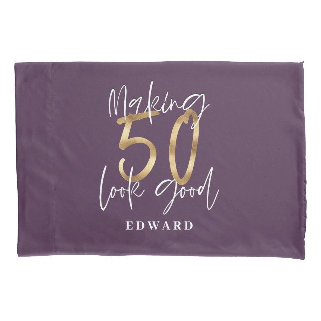 50th birthday personalised favour gift purple gold pillowcase (Front)