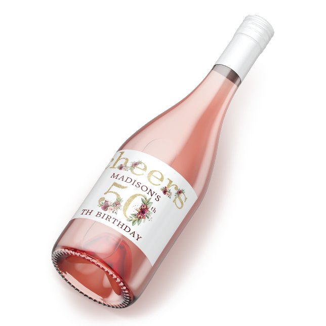 50th Birthday Personalised Gold Floral Sparkling Wine Label (Creator Uploaded)