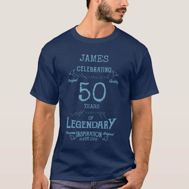 50th Birthday Personalised Men Blue Text T-Shirt (Front)