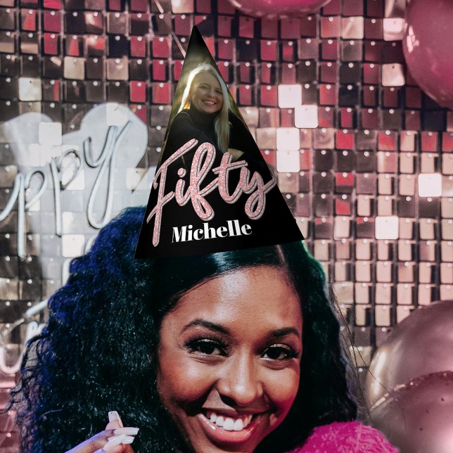 50th birthday personalised photo glitter pink name party hat (Creator Uploaded)