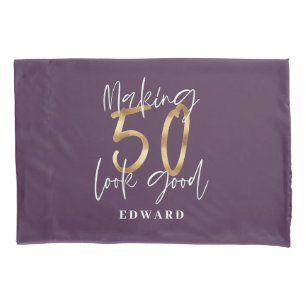 50th birthday personalized favor gift purple gold pillowcase