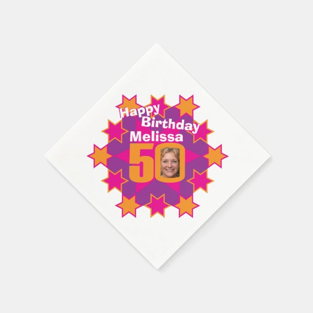 50th birthday photo and name pink star napkins (Corner)