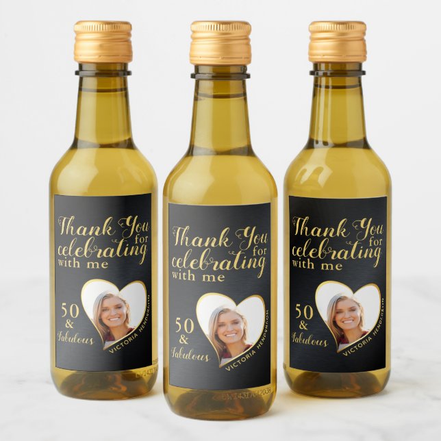 50th Birthday Photo Black and Gold Thank You Wine Label (Bottles)