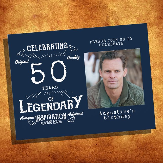 50th Birthday Photo Blue Vintage Birthday Invites Postcard (Creator Uploaded)