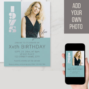 50th birthday photo born in 1975 teal blue  invitation