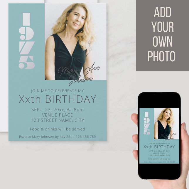 50th birthday photo born in 1975 teal blue  invitation (Creator Uploaded)