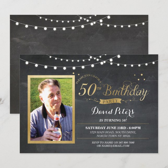 50th Birthday Photo Chalk Rustic Gold Invitation (Front/Back)