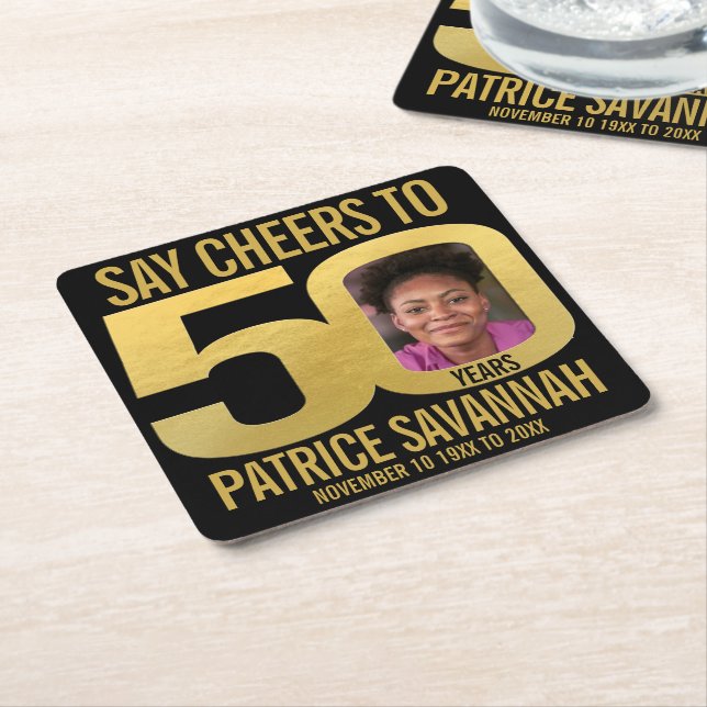 50th birthday photo cheers black and gold napkins square paper coaster (Angled)